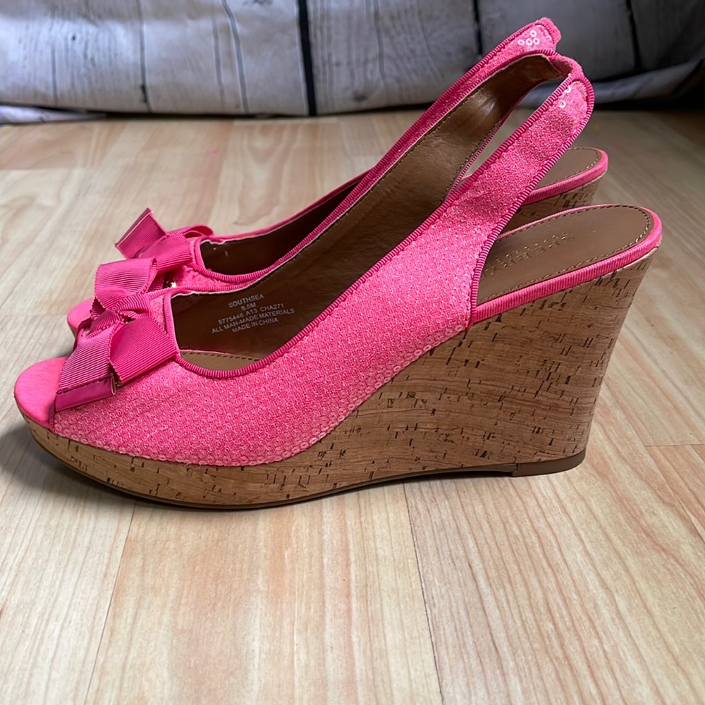 Sperry Pink Sequin Open Toe Cork Wedge Sandal Size 9.5